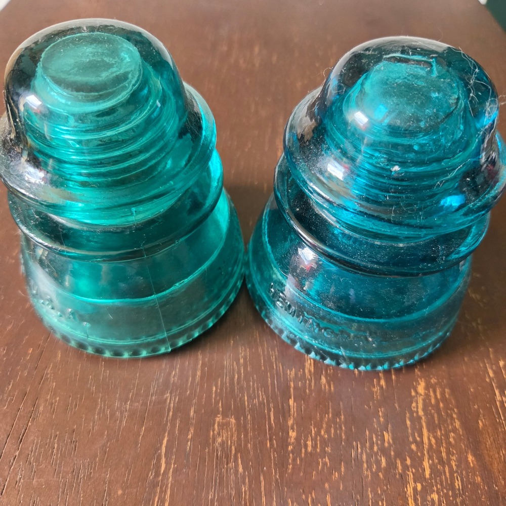 Vintage Hemingray Aqua Blue Glass Insulators Beehive Style Made in USA Set of 2